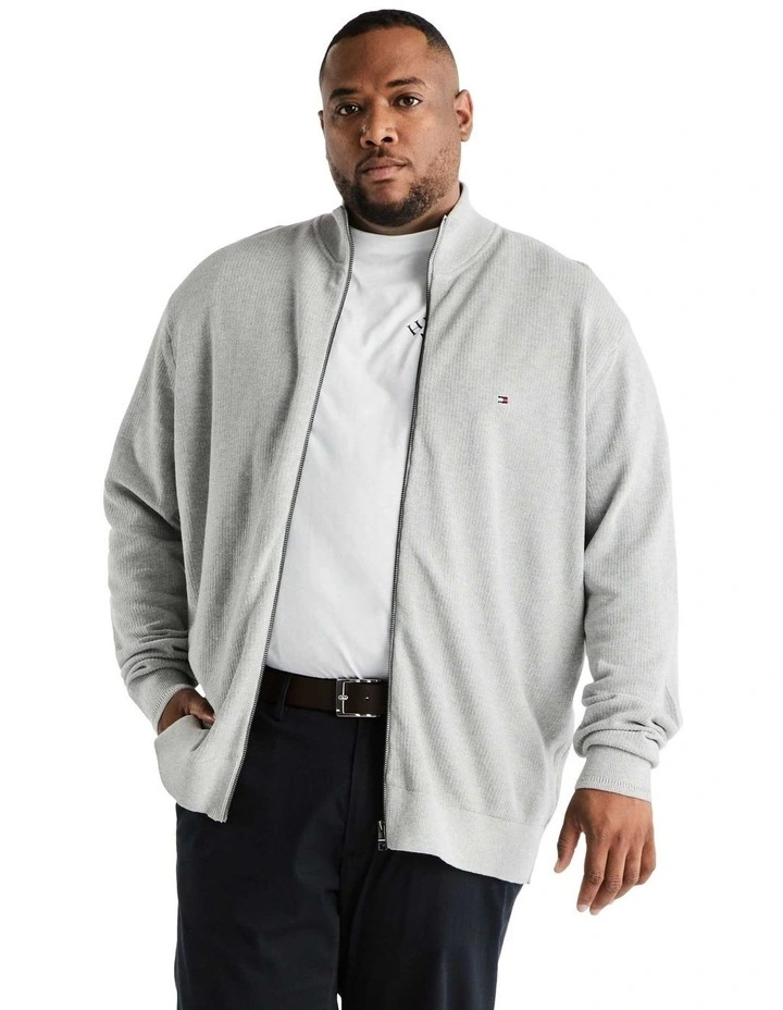 Big and Tall Chain Structure Zip Thru Knit Sweater in Grey