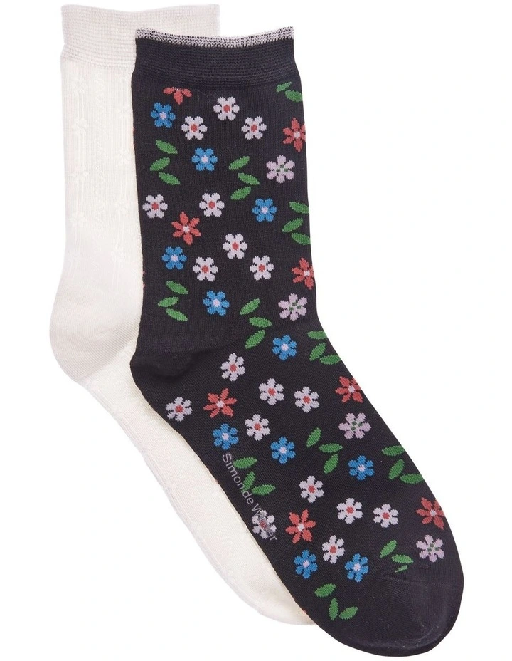 Patterned 3/4 Crew Socks 2 Pack in Ditsy Flowers Black/Ivory