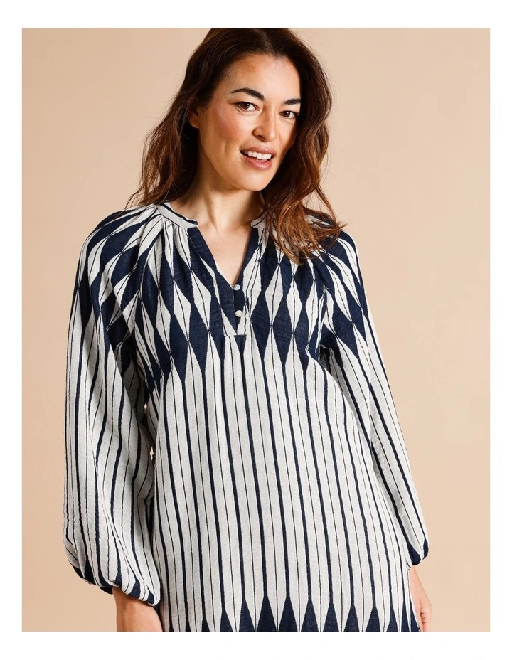 Organic Cotton Long Sleeve Dress Charcoal in Ivory Jacquard