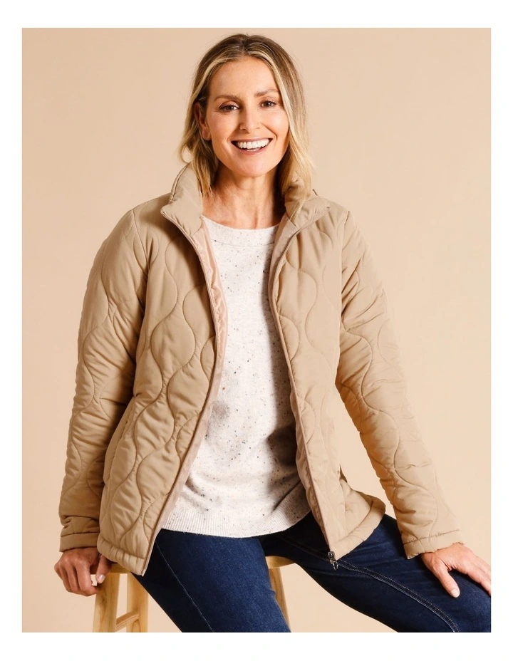 Recycled Polyester Short Quilted Jacket With Packaway Hood In Camel