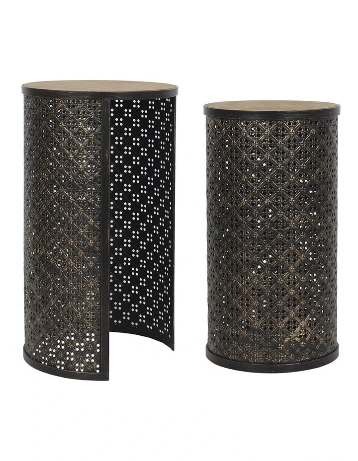 Nested Latticed Stool Cum Side Table Set of 2 in Distressed Gold/Natural