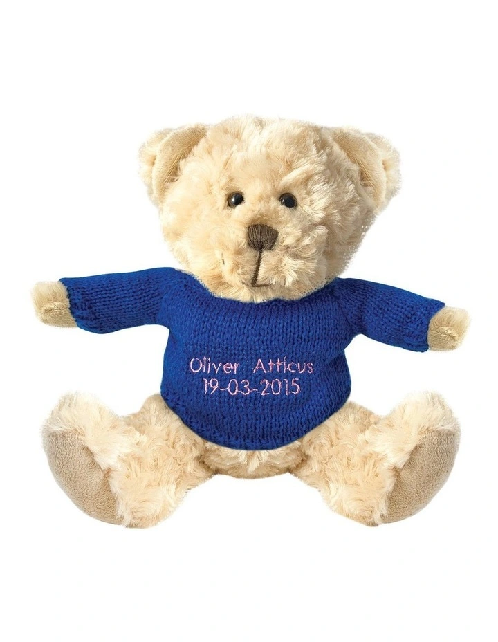 Personalised Beige Bear With Dark Blue Knitted Jumper