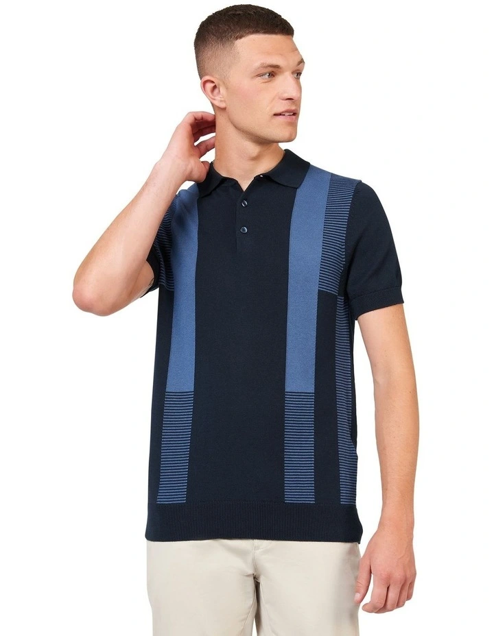 Intarsia Stripe Polo Shirt in Navy