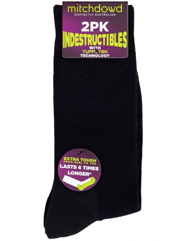 Plain Cotton Indestructibles Crew Socks 2 Pack in Black