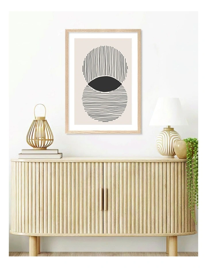 Australian Made Intersecting Circles Lines Art Print A2 in Natural Frame