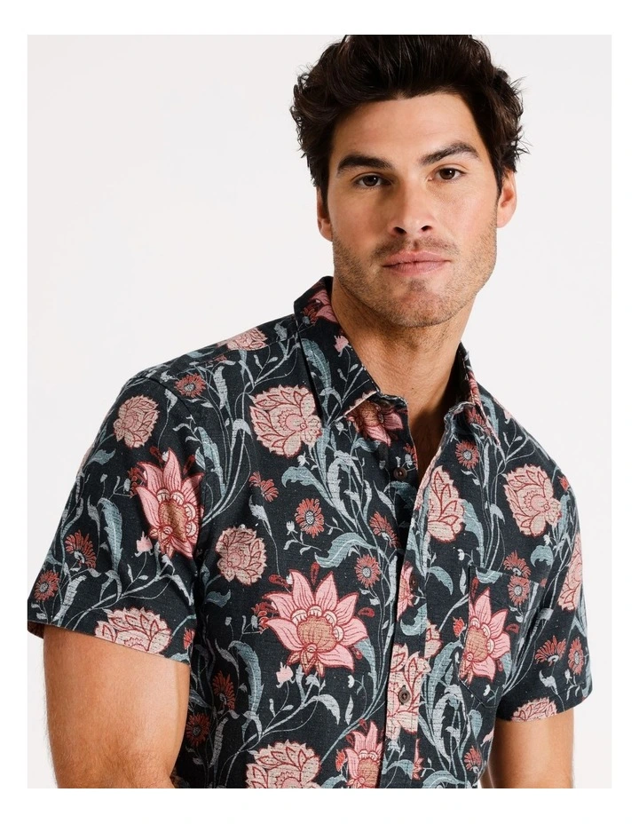 Ayr Floral Print Linen Blend Short Sleeve Shirt in Black