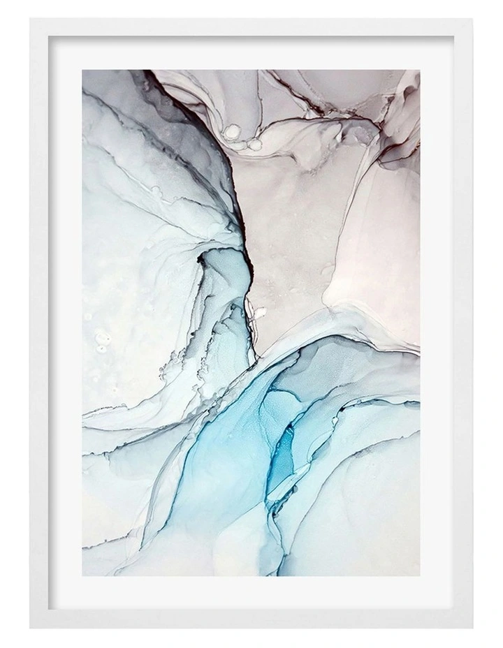 Australian Made Blue Black Abstract Ink 2 Art Print A2 in White Frame