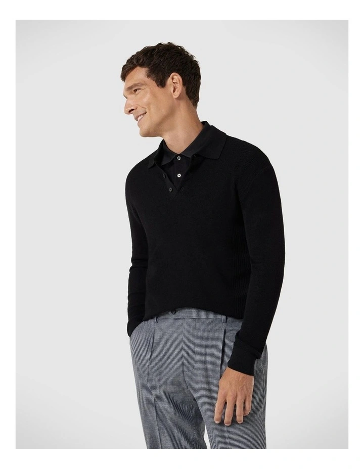 Long Sleeve Knitted Polo in Black