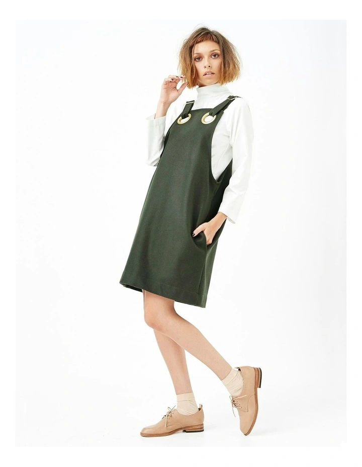 Eyelet Pinafore Dress in Olive Green