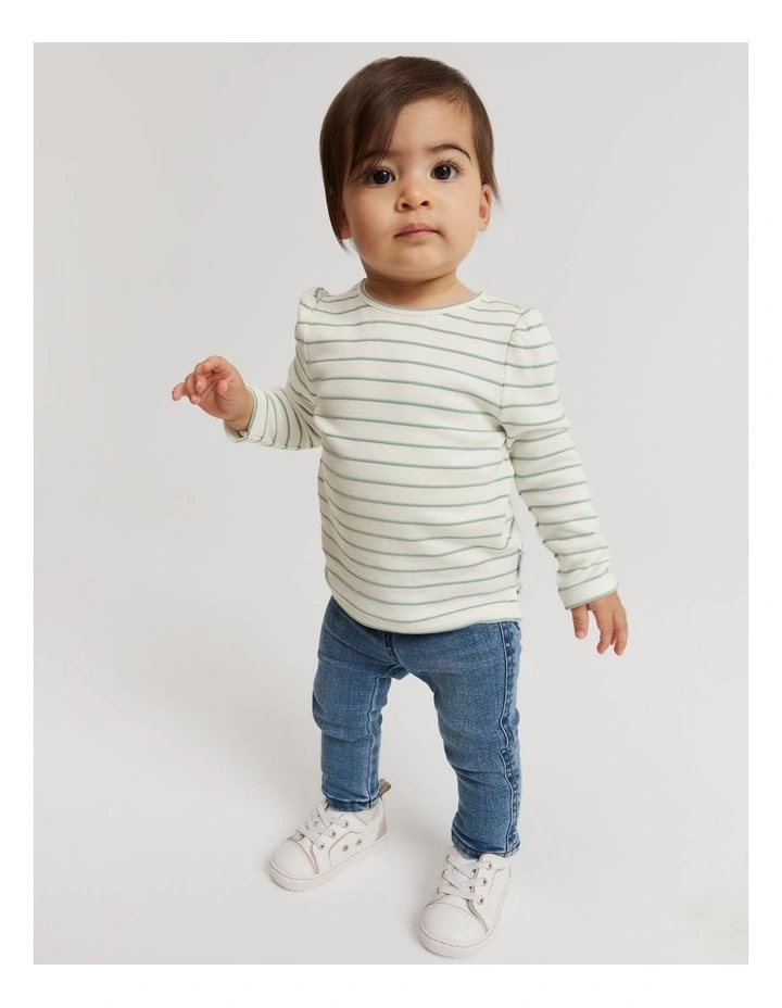 Recycled Polyester Blend Gathered Long Sleeve T-shirt in Fern Stripe