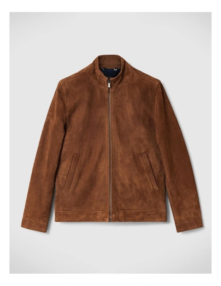 Suede Leather Racer Jacket in Rich Tan