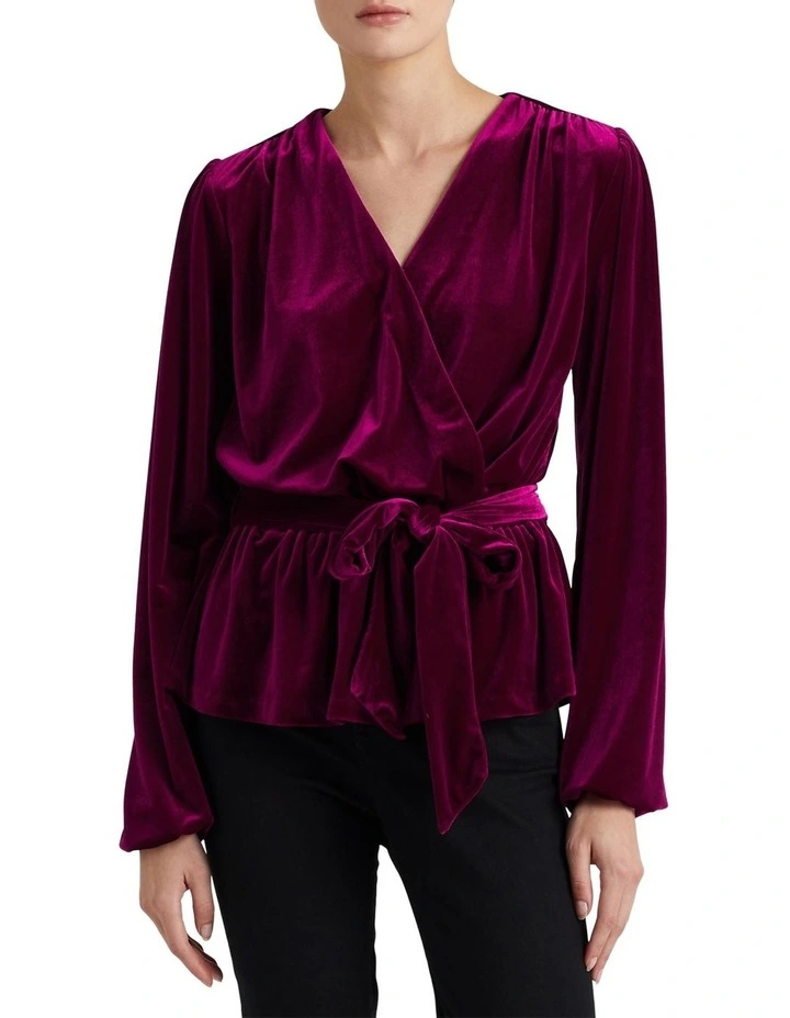 Velvet Belted Peplum Top in Purple
