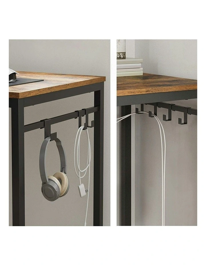 Rustic Computer Desk with 8 Hooks 140cm in Brown/Black