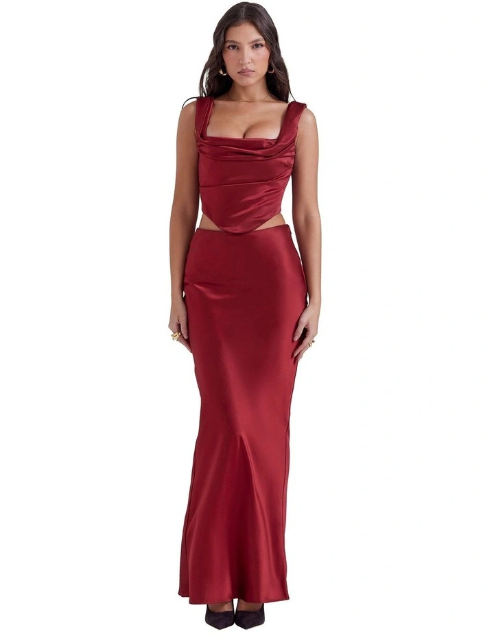 Sydel Satin Bias Cut Maxi Skirt in Ruby