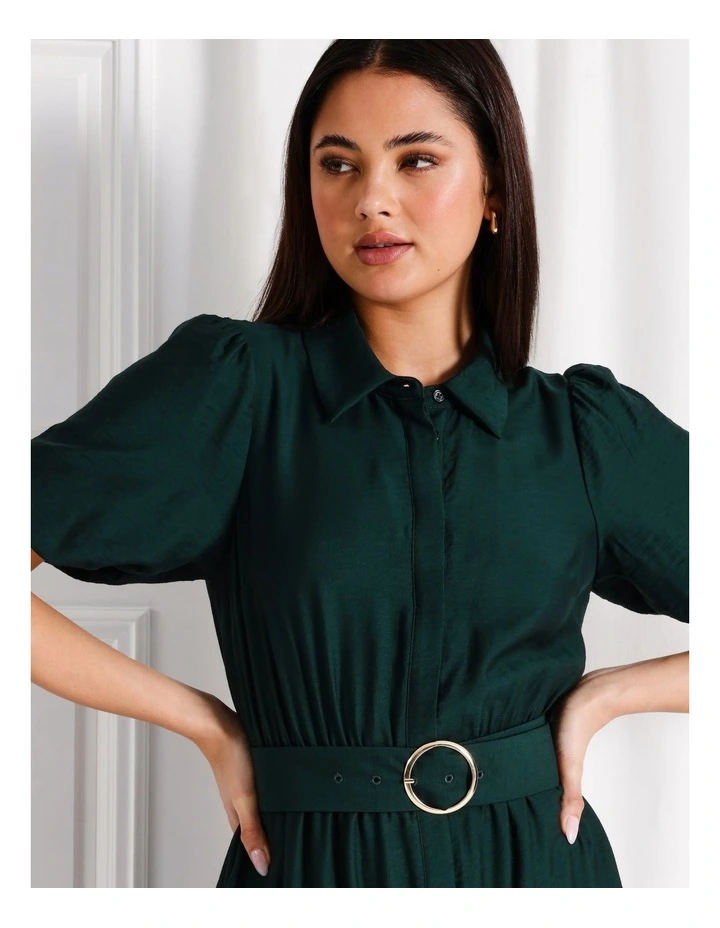 Puff Sleeve Belted Midi Shirt Dress in Dark Green
