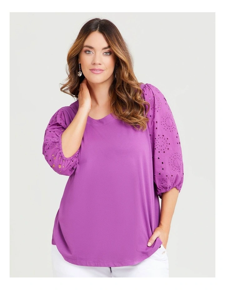 Cotton Broderie Puff Sleeve Top Deep Orchid