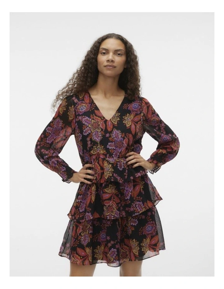 Kara Long Sleeve Tiered Dress in Black