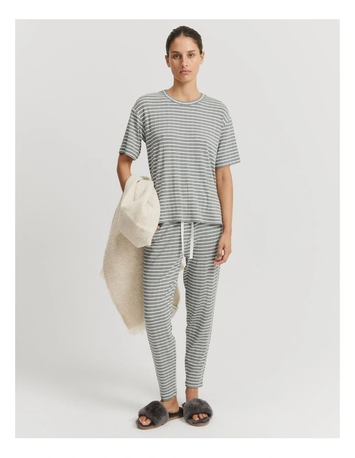 Stripe Short Sleeve Pyjama Top in Grey Marle Stripe