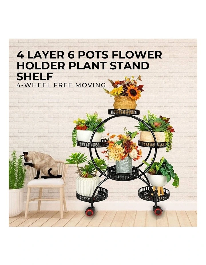 4 Layer Flower Holder Plant Stand Shelf With Wheels in Black
