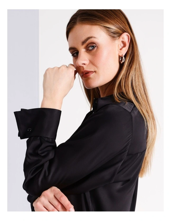 Recycled Polyester Satin Turn Back Cuff Shirt in Black