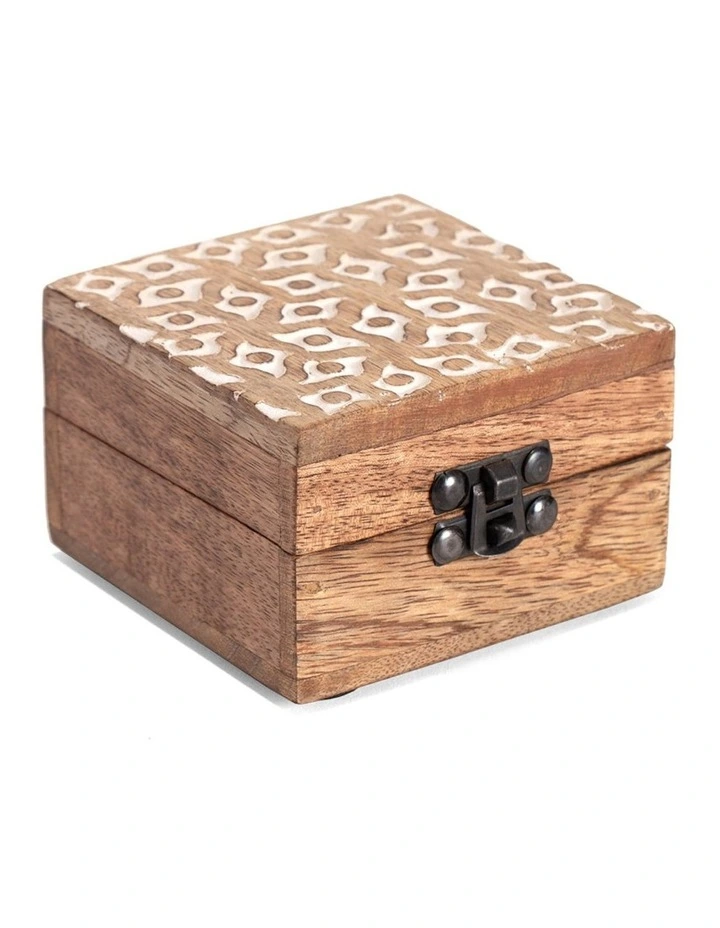 Square Wood Carved Trinket Box with Brass Handle