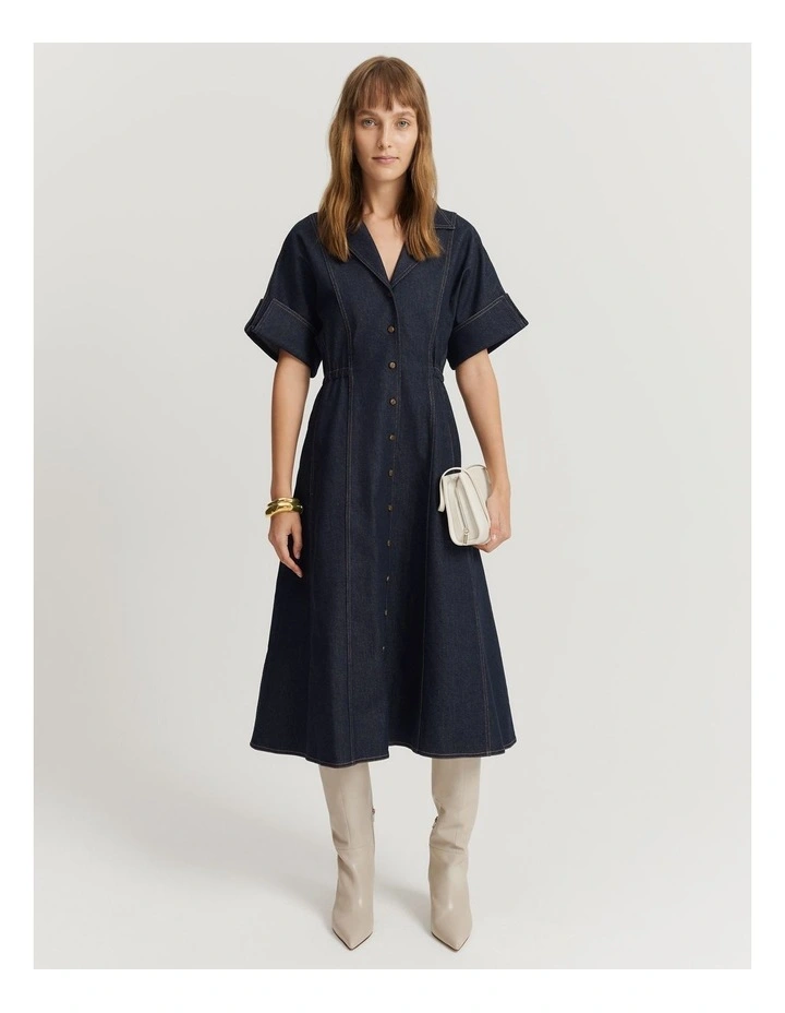 Button Front Denim Dress in Indigo Rinse
