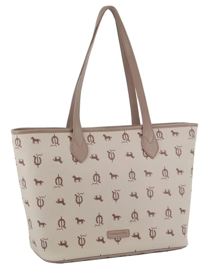 Canvas Print Leather Trim Tote Bag in Beige
