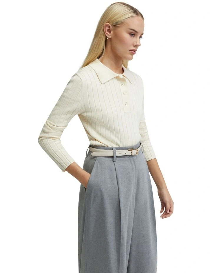 Rachel Cashmere Blend Rib Knit Polo in Ecru