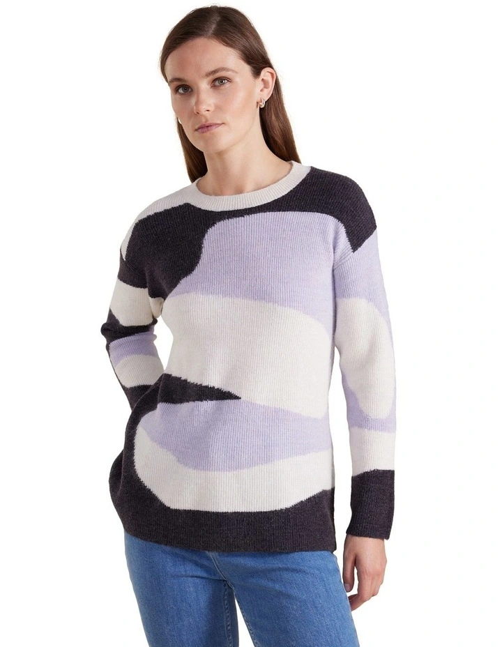 Long Sleeve Intarsia Sweater in Lilac