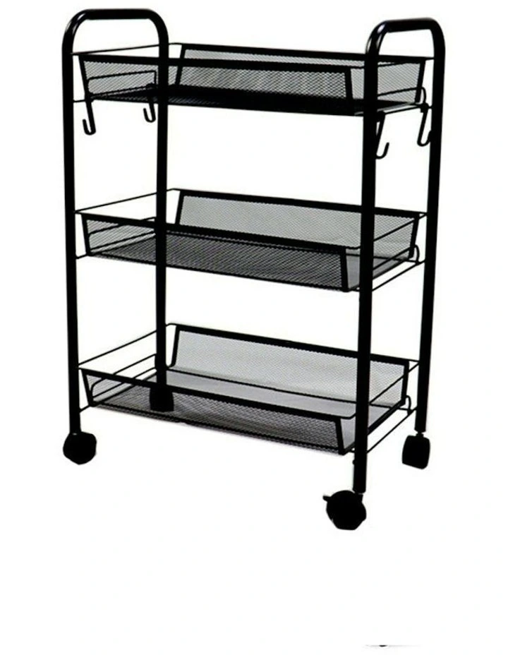 3 Tier Steel Bee Mesh Kitchen Storage Organizer with Wheels in Black
