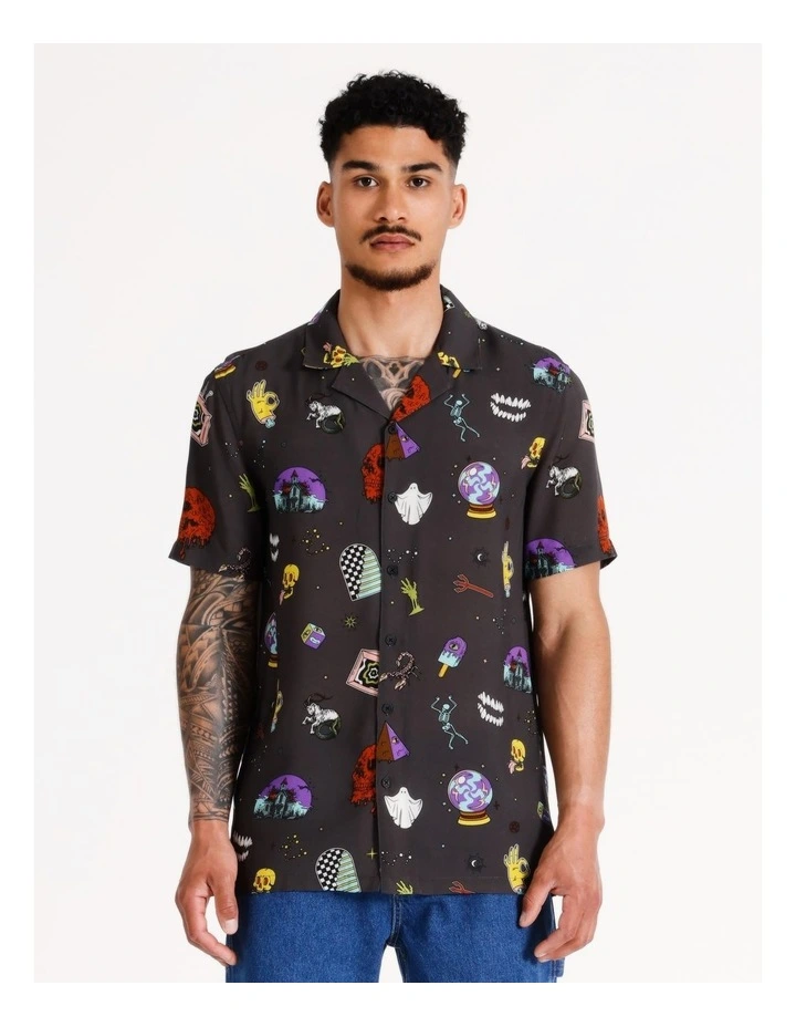 Spooky Season Print Short Sleeve Rayon Shirt in Black