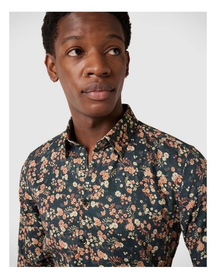 Slim Stretch Floral Long Sleeve Shirt in Dark Green