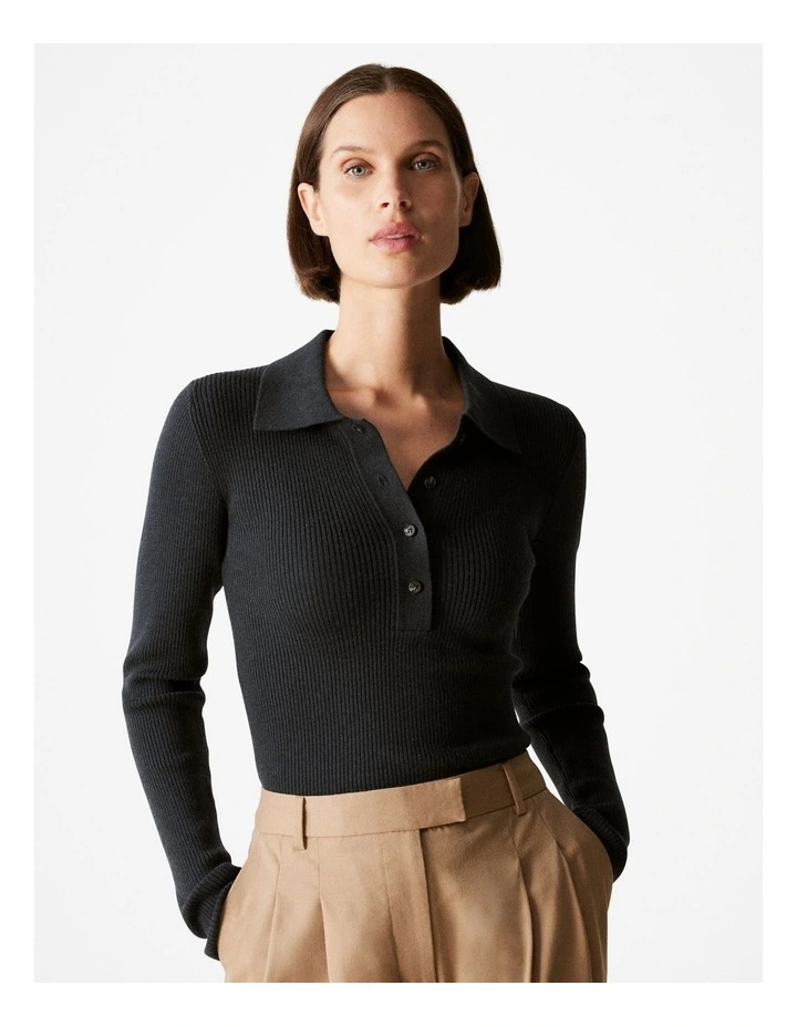 Wool Cotton Blend Rib Polo in Black
