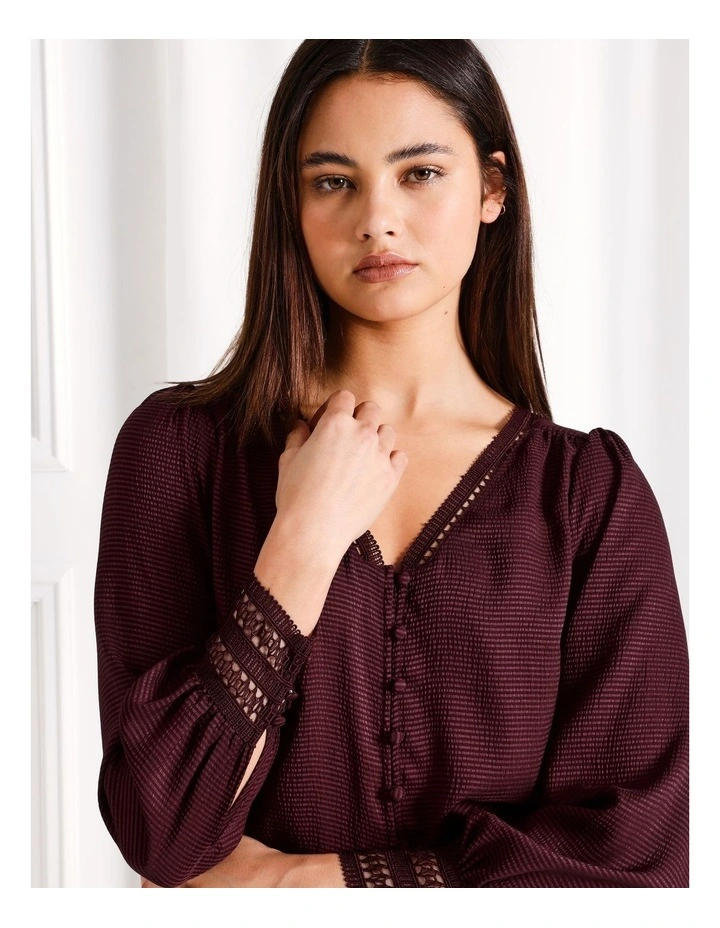 Lace Trim V-Neck Button Down Blouse in Wine