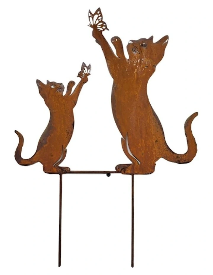 Cat & Kitten Garden Stake 43cm in Rust