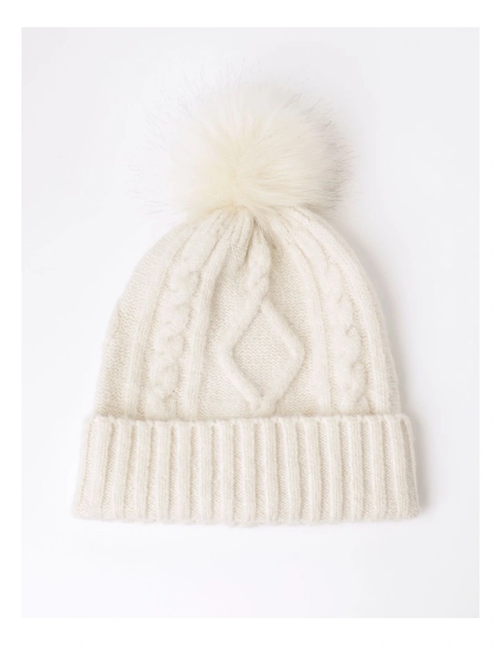 Cable Beanie With Pom in Ivory