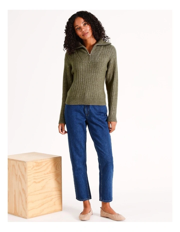 Recycled Blend Zip Neck Rib Jumper in Khaki