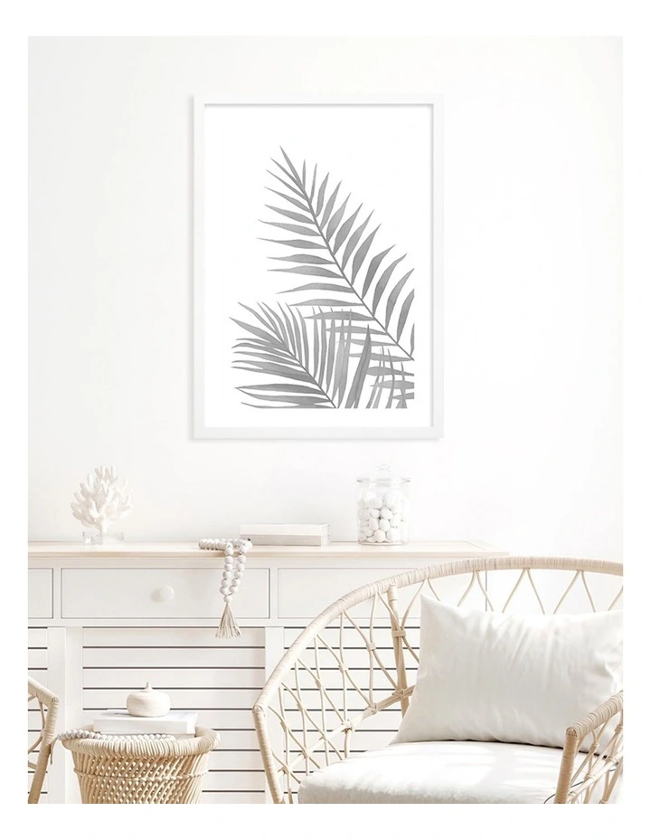 Australian Made Watercolour Palm Leaves Black Art Print A2 in White Frame