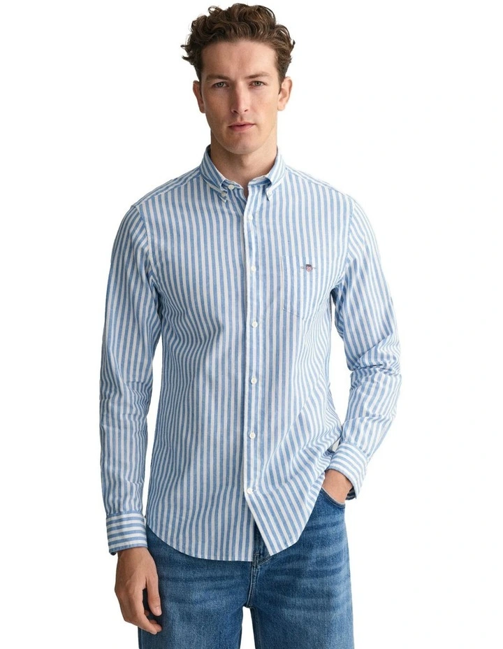 Cotton Linen Stripe Long Sleeve Shirt in Day Blue