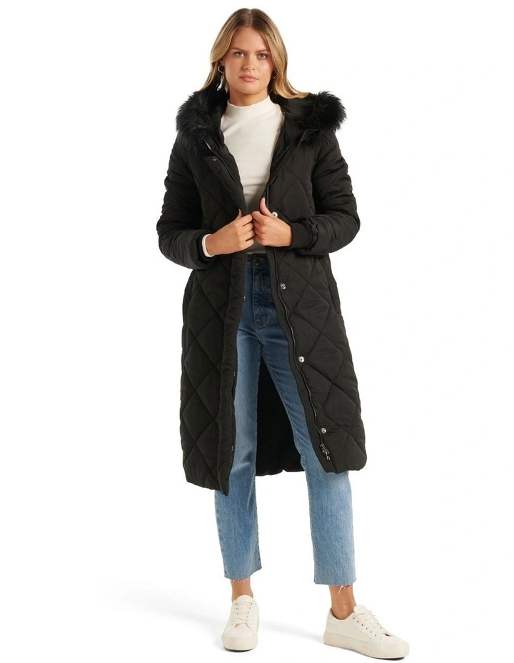 Tessa Quilted Longline Puffer Jacket in Black