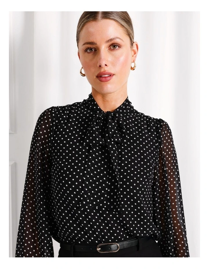 Recycled Neck Tie Shirred Cuff Blouse in Black