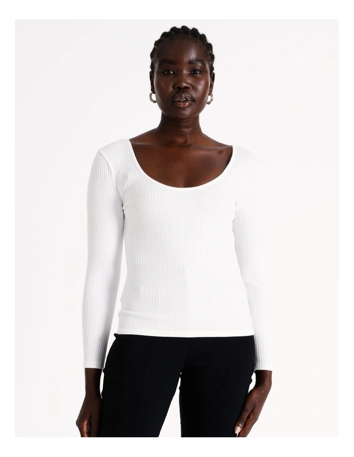 Long Sleeve Scoop Rib Top with Chain Trim Detail in White