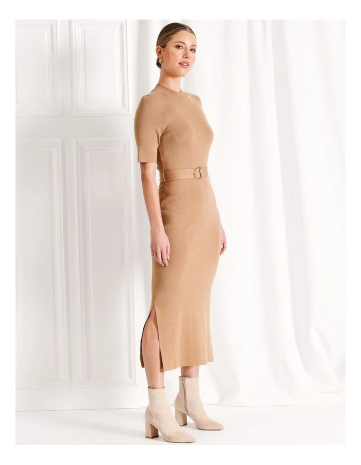 High Neck Short Sleeve Knit Midi Dress in Camel