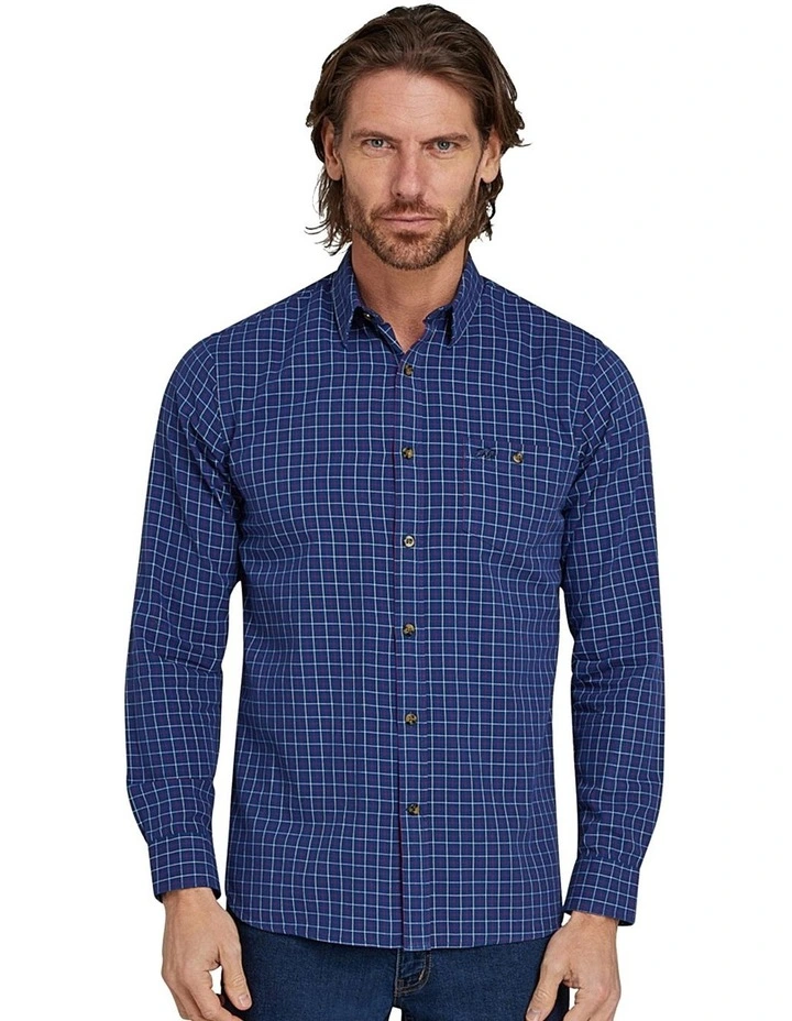 Window Pane Brushed Cotton Shirt in Navy