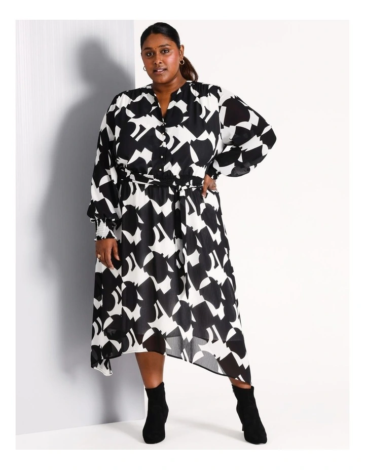 Recycled Polyester Blend Georgette Midi Dress in Black/white