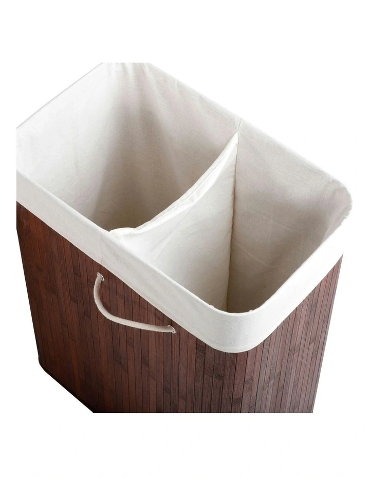 Rectangular Folding Bamboo 2 Section Sorter Laundry Basket 105L in Brown