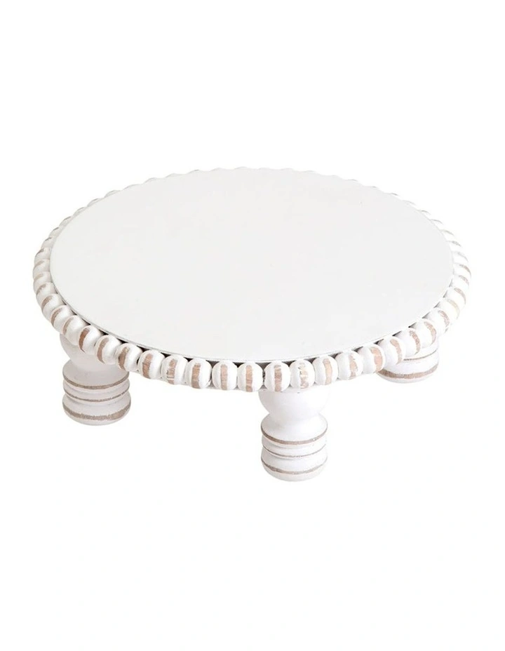 Medium Handcrafted Mango Wood Round Beaded Stand in Distressed White