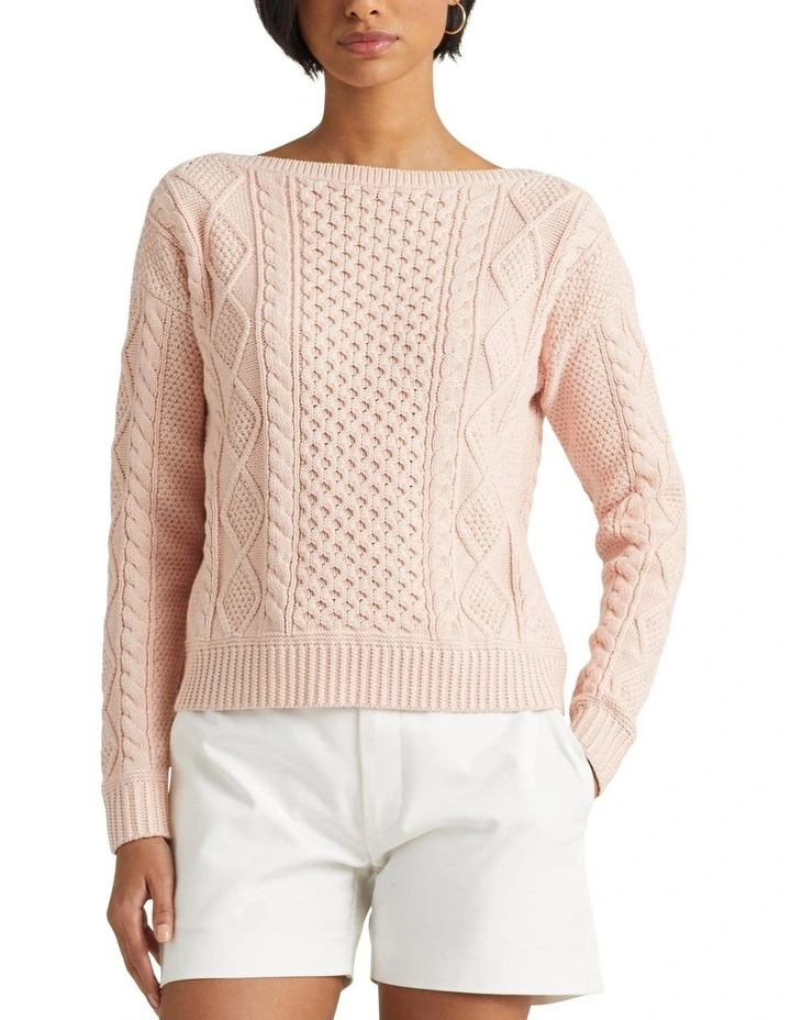 Aran-Knit Cotton Boatneck Sweater in Orange