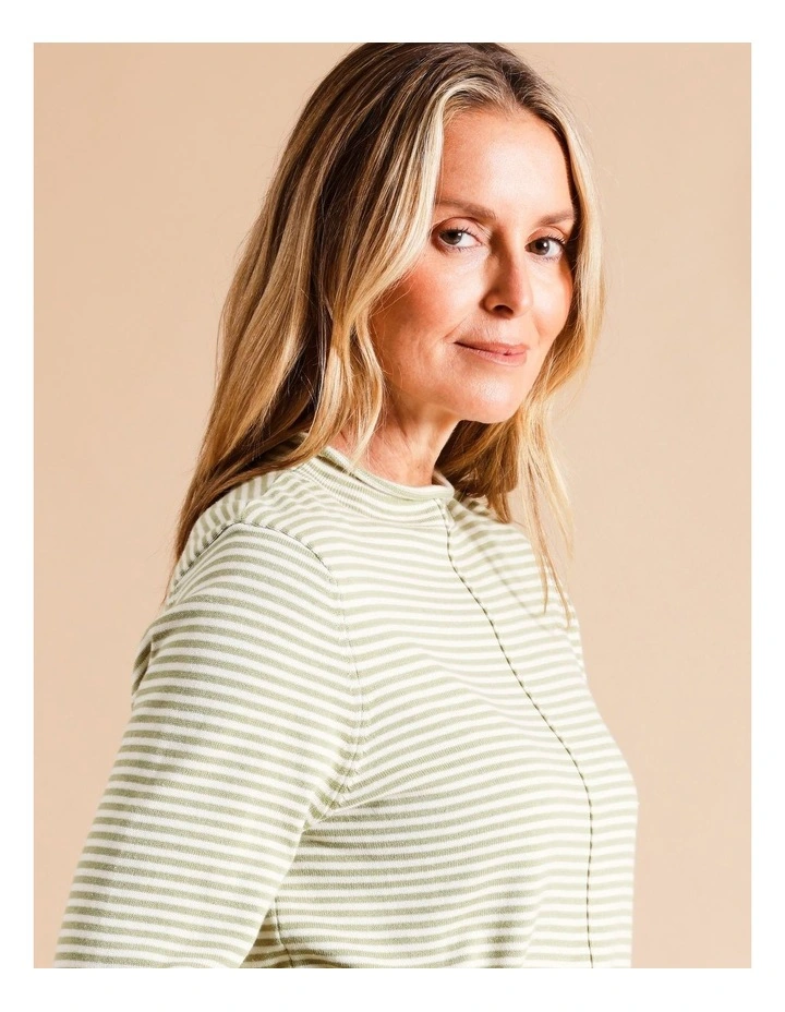 Organic Cotton Blend Funnel Neck Jumper With CF Seam in Sage/ Ivory Stripe