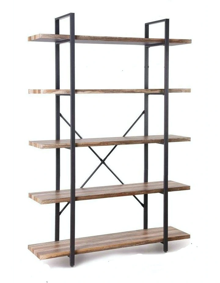 5 Tier Industrial Wood and Metal Bookshelves Retro Brown